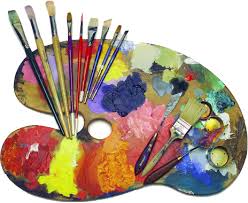 A palette with many brushes and paint colors