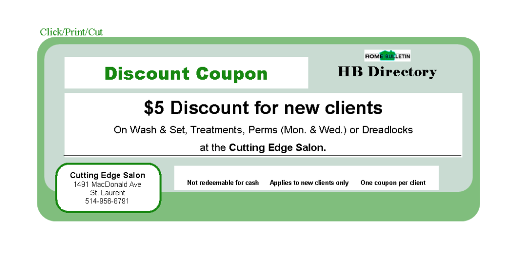 Coupon to be used at the Cutting Edge Salon