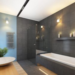 Tile wall and floor in bathroom
